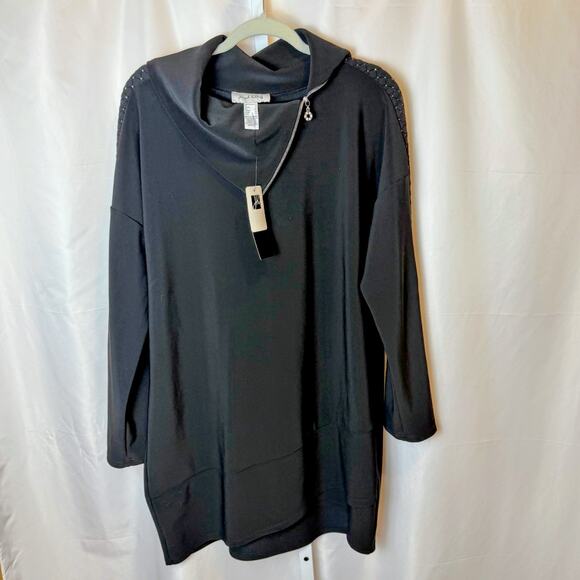 NWT Joseph Ribkoff Black Tunic Dress 14 Asymmetrical Zip Neck Embellished Sleeve - Picture 2 of 8